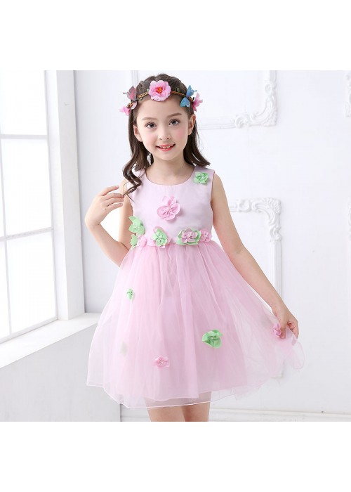 Little Big Girls Summer Embroidered Flower Dress Girl Pink Birthday Party Princess Laces Dress for Wedding